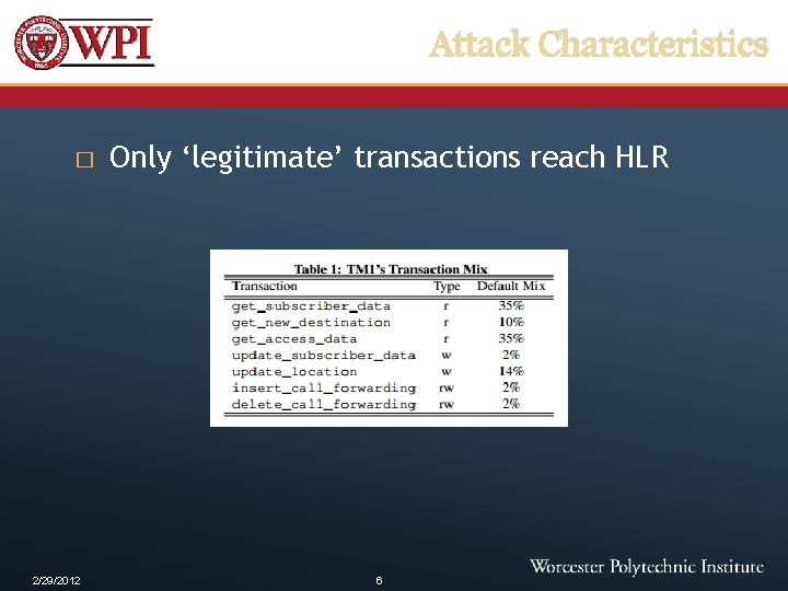Attack Characteristics � 2/29/2012 Only ‘legitimate’ transactions reach HLR 6 