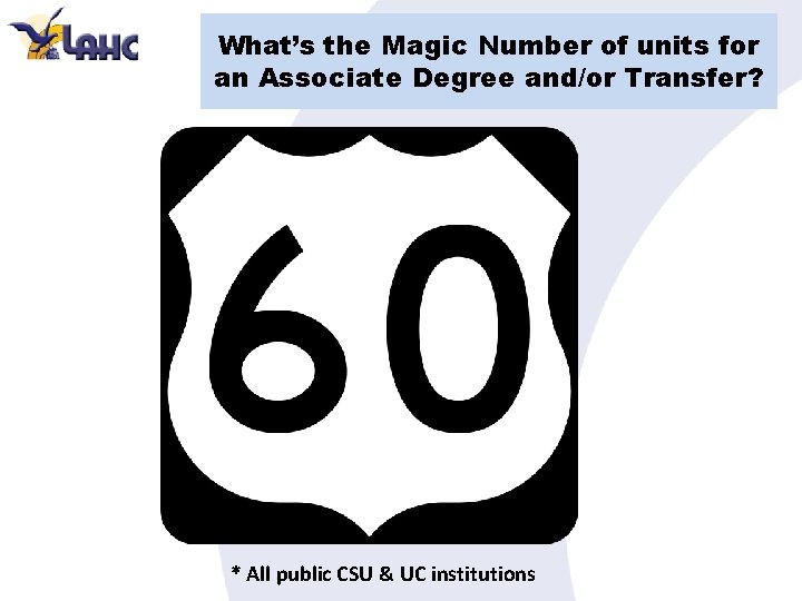What’s the Magic Number of units for an Associate Degree and/or Transfer? * All
