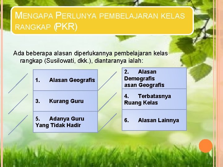 MENGAPA PERLUNYA PEMBELAJARAN KELAS RANGKAP (PKR) Ada beberapa alasan diperlukannya pembelajaran kelas rangkap (Susilowati,