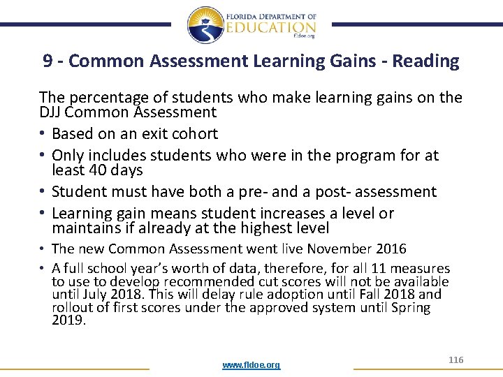 9 - Common Assessment Learning Gains - Reading The percentage of students who make