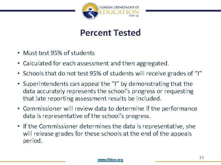 Percent Tested • Must test 95% of students • Calculated for each assessment and