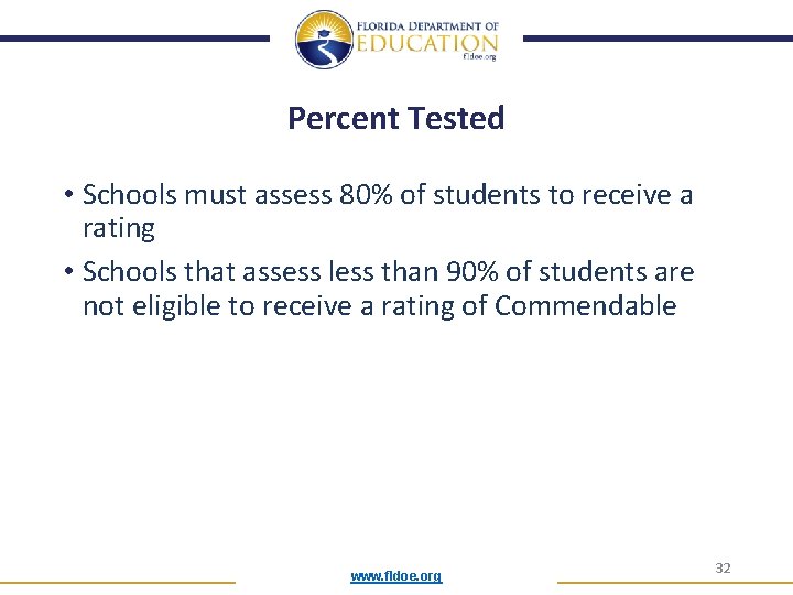 Percent Tested • Schools must assess 80% of students to receive a rating •