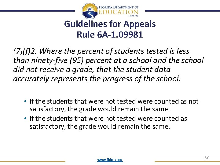 Guidelines for Appeals Rule 6 A-1. 09981 (7)(f)2. Where the percent of students tested