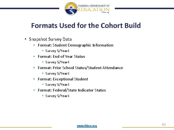 Formats Used for the Cohort Build • Snapshot Survey Data • Format: Student Demographic