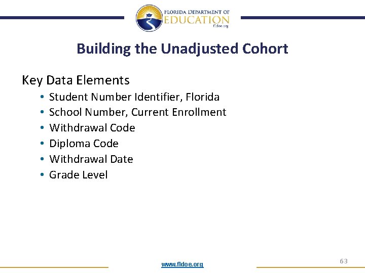 Building the Unadjusted Cohort Key Data Elements • • • Student Number Identifier, Florida