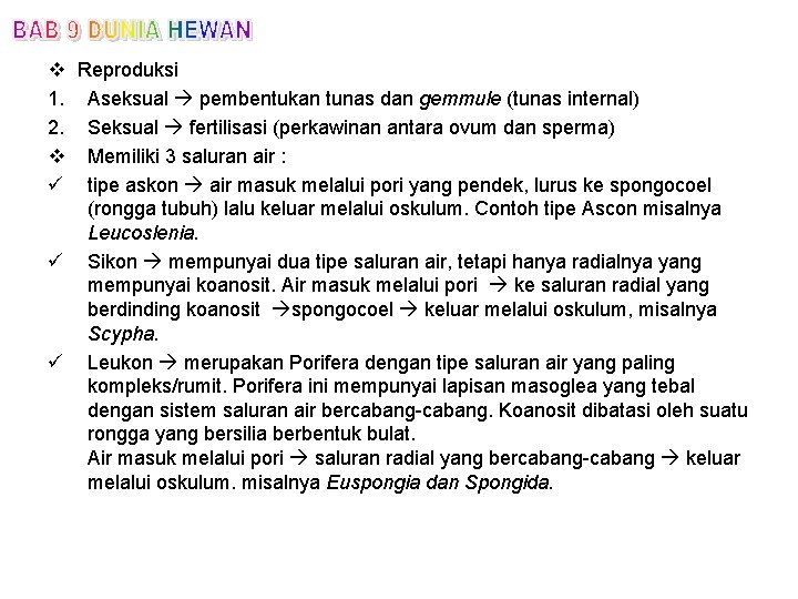 v Reproduksi 1. Aseksual pembentukan tunas dan gemmule (tunas internal) 2. Seksual fertilisasi (perkawinan