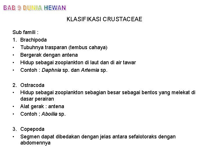 KLASIFIKASI CRUSTACEAE Sub famili : 1. Brachipoda • Tubuhnya trasparan (tembus cahaya) • Bergerak