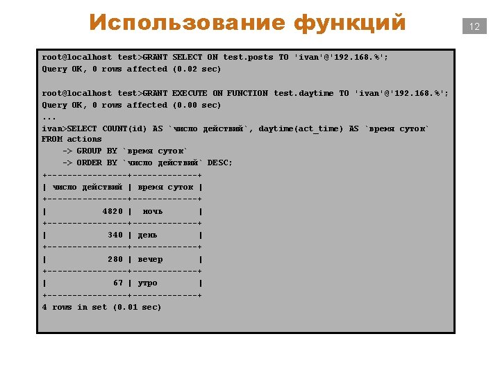 Использование функций root@localhost test>GRANT SELECT ON test. posts TO 'ivan'@'192. 168. %'; Query OK,