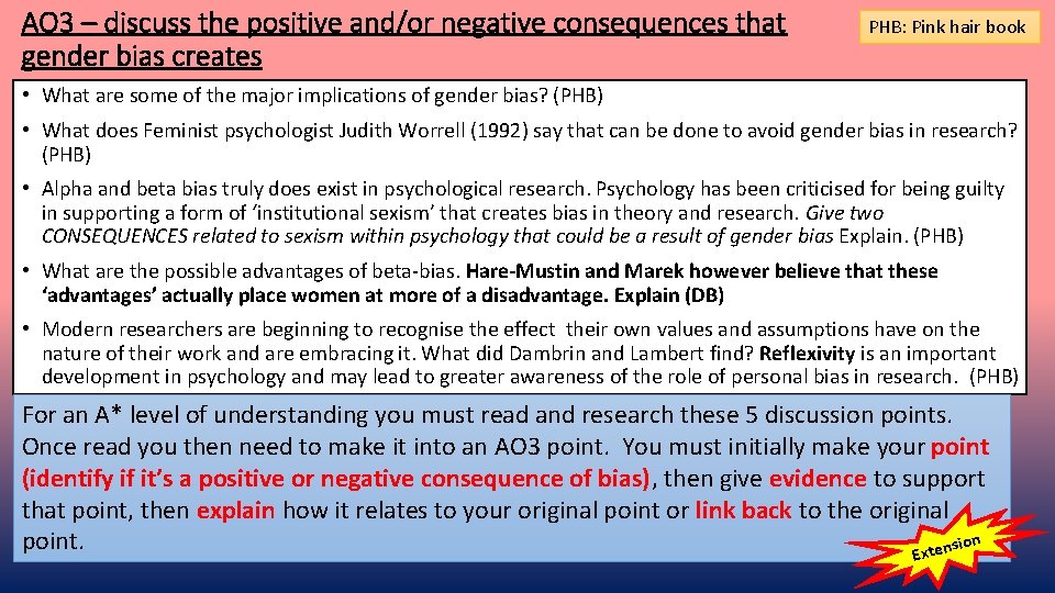 AO 3 – discuss the positive and/or negative consequences that gender bias creates PHB: