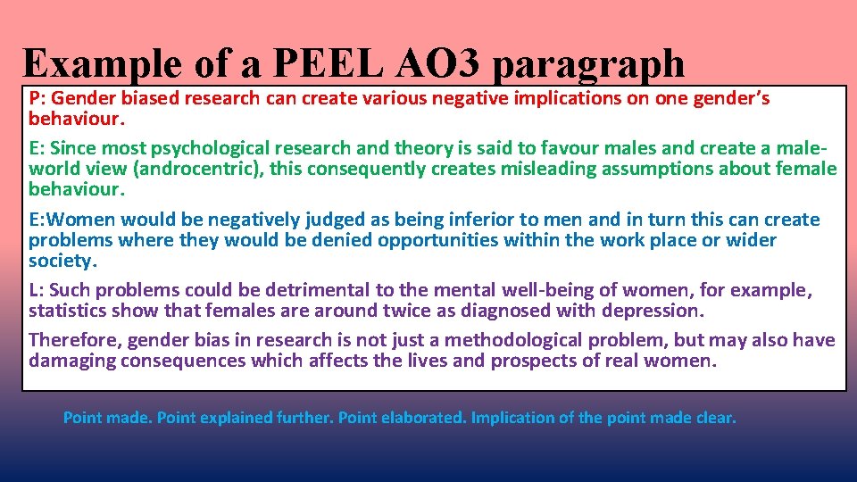 Example of a PEEL AO 3 paragraph P: Gender biased research can create various