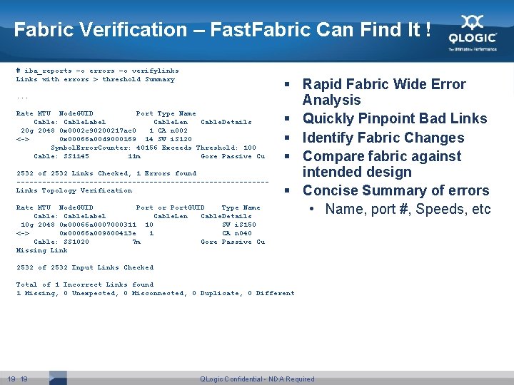 Fabric Verification – Fast. Fabric Can Find It ! # iba_reports –o errors –o