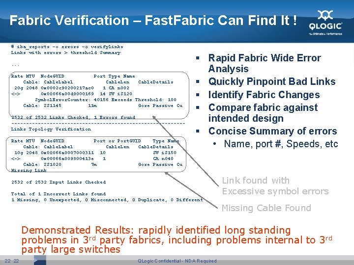 Fabric Verification – Fast. Fabric Can Find It ! # iba_reports –o errors –o