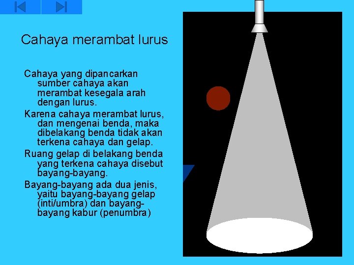 Cahaya merambat lurus Cahaya yang dipancarkan sumber cahaya akan merambat kesegala arah dengan lurus.