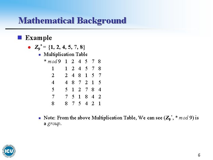 Mathematical Background n Example l Z 9* = {1, 2, 4, 5, 7, 8}