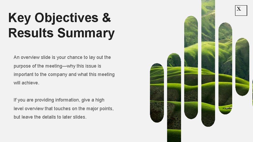 Key Objectives & Results Summary An overview slide is your chance to lay out