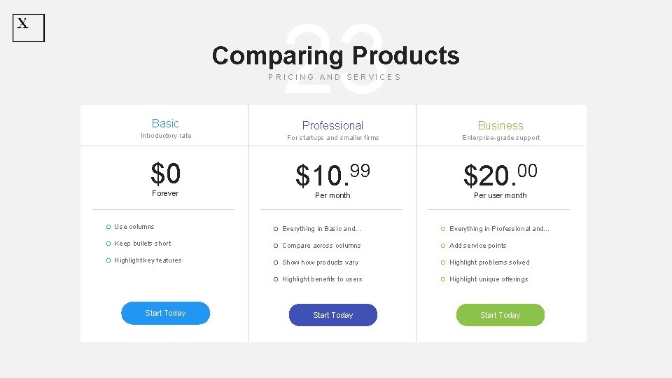 23 Comparing Products PRICING AND SERVICES Basic Professional Business Introductory rate For startups and