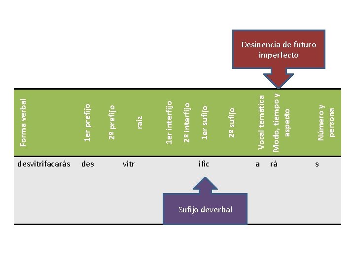 1 er prefijo desvitrifacarás des vitr Sufijo deverbal Modo, tiempo y aspecto Número y 1 er prefijo desvitrifacarás des vitr Sufijo deverbal Modo, tiempo y aspecto Número y