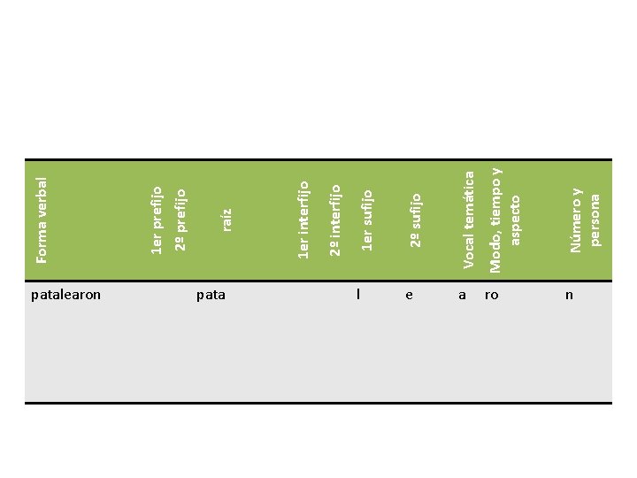patalearon 2º sufijo Vocal temática Modo, tiempo y aspecto Número y persona 2º interfijo patalearon 2º sufijo Vocal temática Modo, tiempo y aspecto Número y persona 2º interfijo