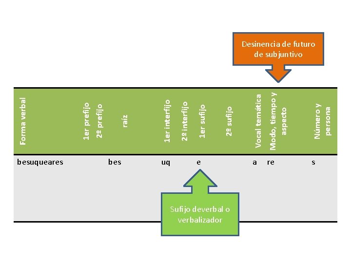 besuqueares bes uq Sufijo deverbal o verbalizador Modo, tiempo y aspecto Número y persona besuqueares bes uq Sufijo deverbal o verbalizador Modo, tiempo y aspecto Número y persona
