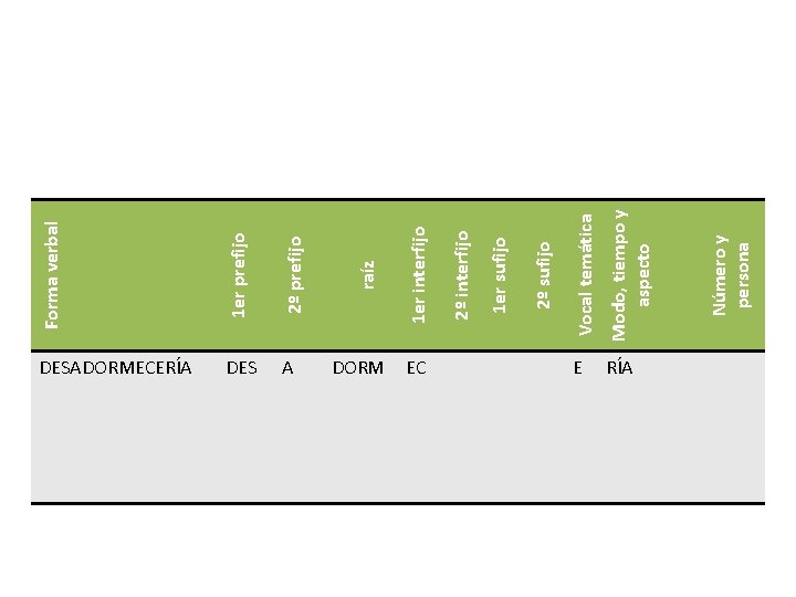 2º prefijo A DORM EC Modo, tiempo y aspecto E RÍA Número y persona 2º prefijo A DORM EC Modo, tiempo y aspecto E RÍA Número y persona