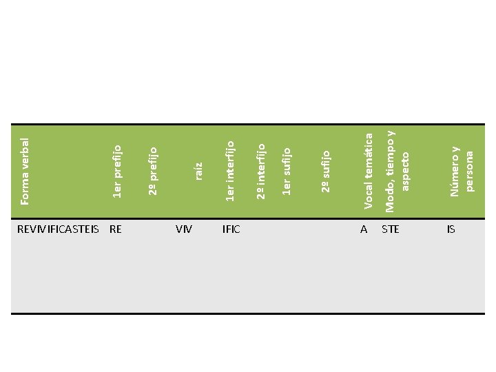 REVIVIFICASTEIS RE VIV Modo, tiempo y aspecto Número y persona 2º sufijo 1 er REVIVIFICASTEIS RE VIV Modo, tiempo y aspecto Número y persona 2º sufijo 1 er