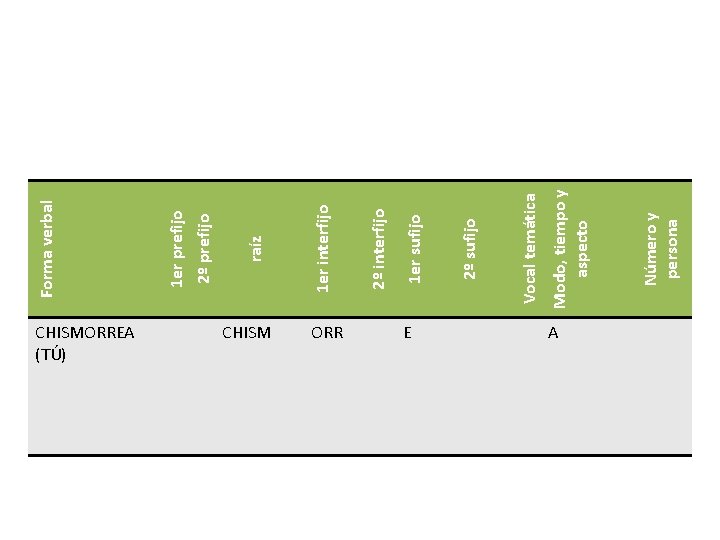 CHISMORREA (TÚ) CHISM ORR E A Número y persona Modo, tiempo y aspecto Vocal CHISMORREA (TÚ) CHISM ORR E A Número y persona Modo, tiempo y aspecto Vocal