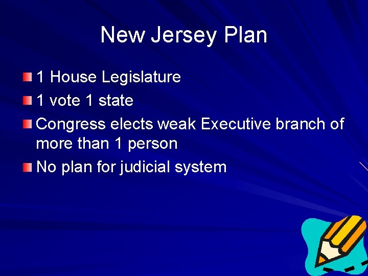 New Jersey Plan 1 House Legislature 1 vote 1 state Congress elects weak Executive