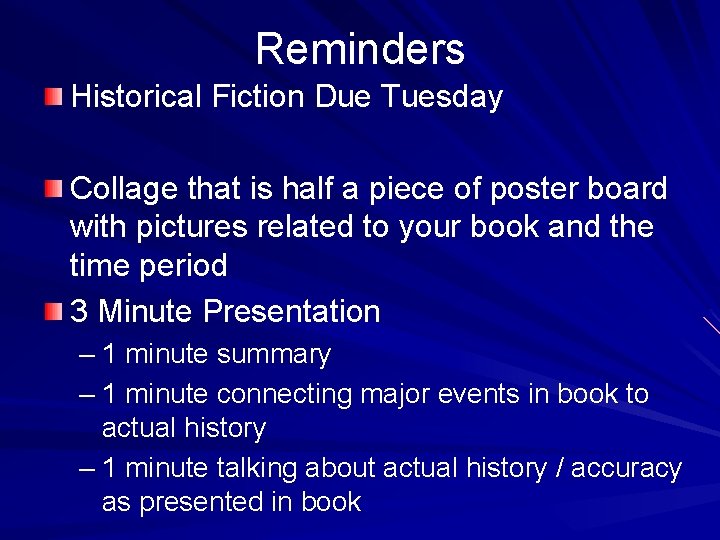 Reminders Historical Fiction Due Tuesday Collage that is half a piece of poster board