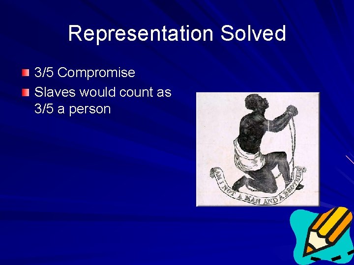 Representation Solved 3/5 Compromise Slaves would count as 3/5 a person 