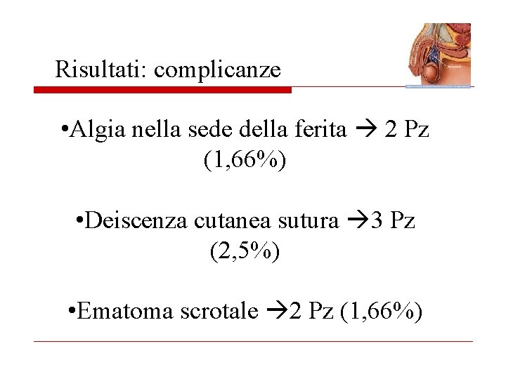 Risultati: complicanze • Algia nella sede della ferita 2 Pz (1, 66%) • Deiscenza