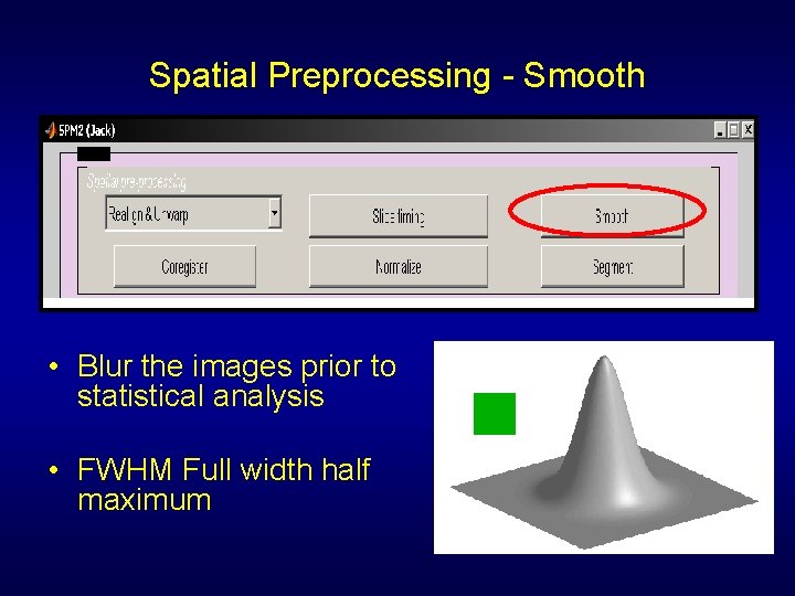 Spatial Preprocessing - Smooth • Blur the images prior to statistical analysis • FWHM