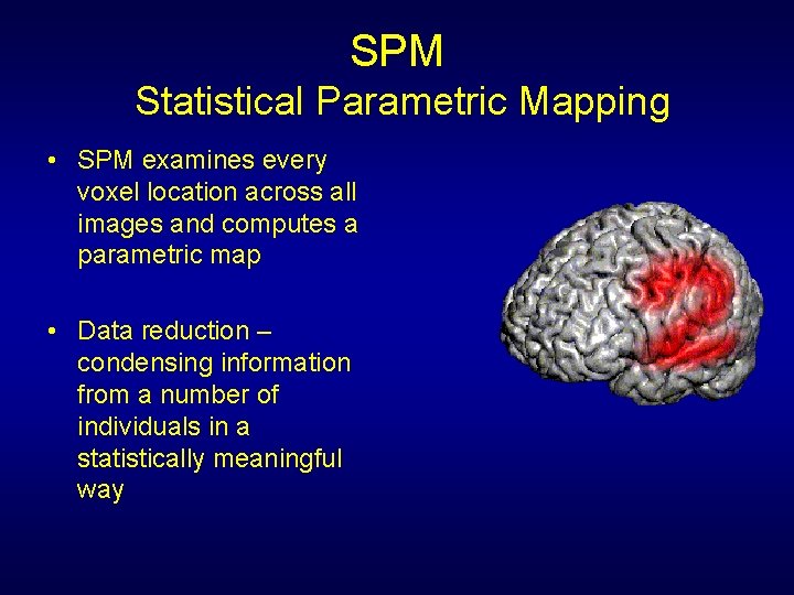 SPM Statistical Parametric Mapping • SPM examines every voxel location across all images and