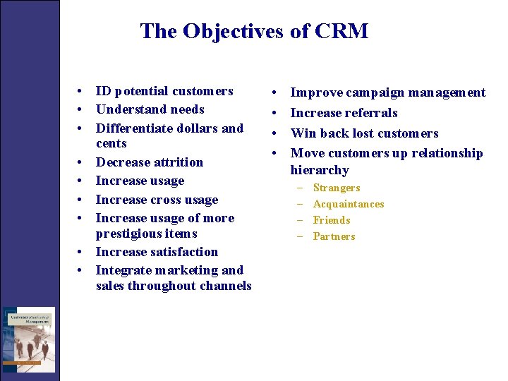 The Objectives of CRM • ID potential customers • Understand needs • Differentiate dollars