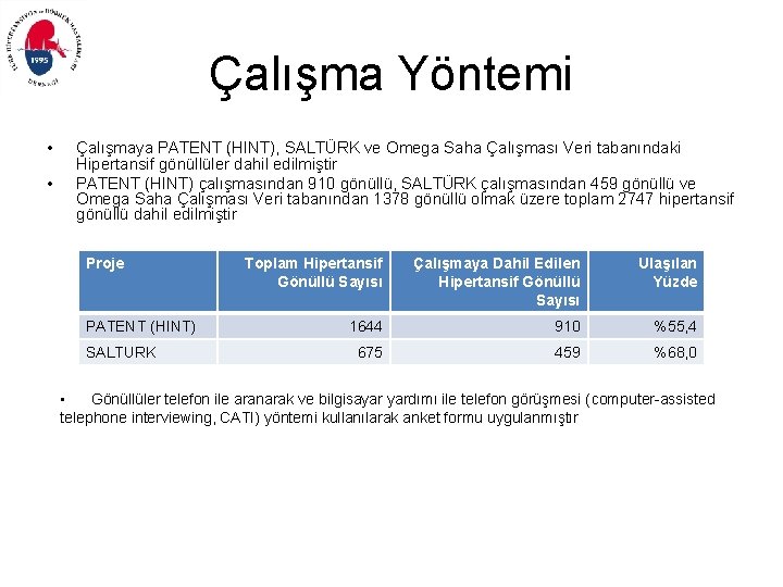 Çalışma Yöntemi • • Çalışmaya PATENT (HINT), SALTÜRK ve Omega Saha Çalışması Veri tabanındaki