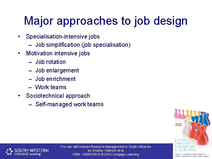 Major approaches to job design • Specialisation-intensive jobs – Job simplification (job specialisation) •