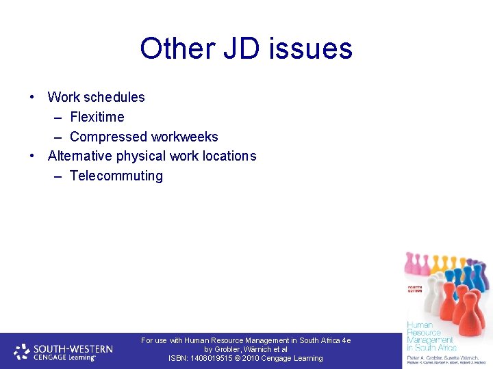 Other JD issues • Work schedules – Flexitime – Compressed workweeks • Alternative physical