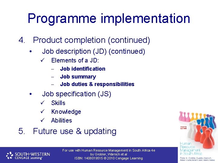 Programme implementation 4. Product completion (continued) • Job description (JD) (continued) ü Elements of