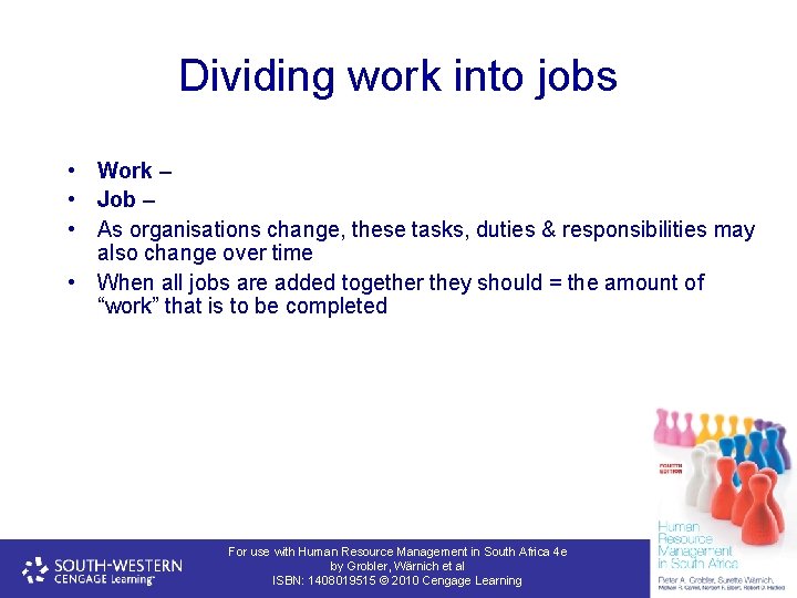 Dividing work into jobs • Work – • Job – • As organisations change,