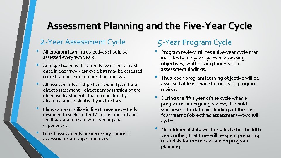 Assessment Planning and the Five-Year Cycle • • • 2 -Year Assessment Cycle All