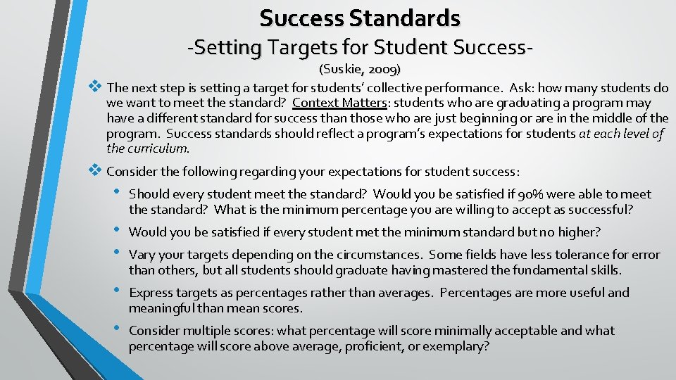 Success Standards -Setting Targets for Student Success- (Suskie, 2009) v The next step is