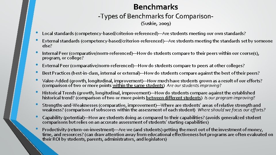 Benchmarks -Types of Benchmarks for Comparison(Suskie, 2009) • • Local standards (competency-based/criterion-referenced)—Are students meeting