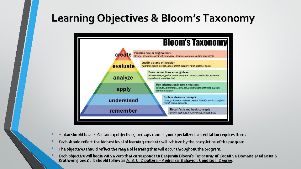 Learning Objectives & Bloom’s Taxonomy • • A plan should have 4 -6 learning