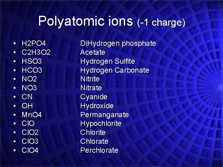 Polyatomic ions (-1 charge) • • • • H 2 PO 4 C 2