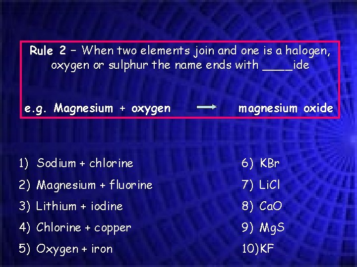 Rule 2 – When two elements join and one is a halogen, oxygen or