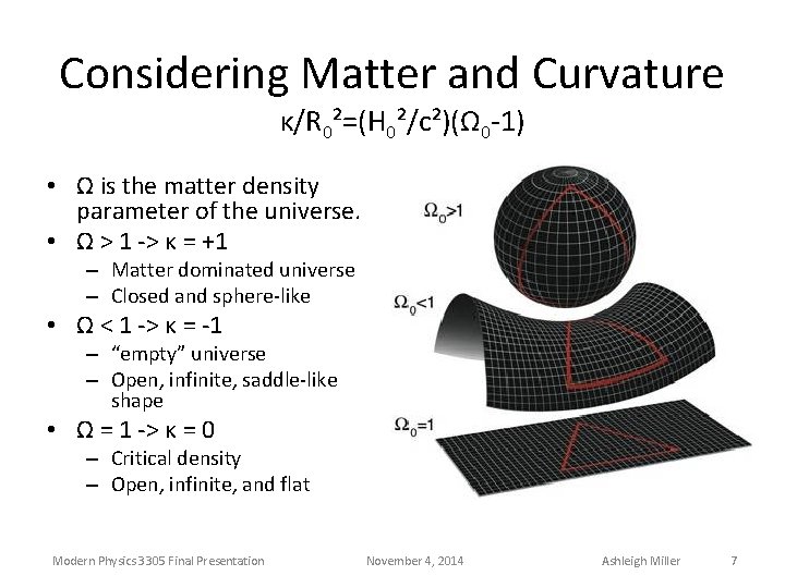 Considering Matter and Curvature κ/R 0²=(H 0²/c²)(Ω 0 -1) • Ω is the matter