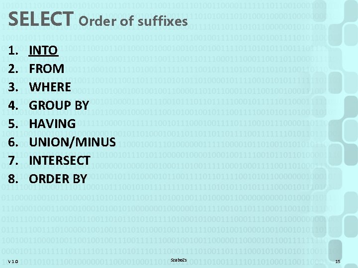 SELECT Order of suffixes 1. 2. 3. 4. 5. 6. 7. 8. V 1.