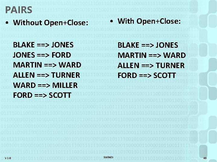 PAIRS • Without Open+Close: • With Open+Close: BLAKE ==> JONES ==> FORD MARTIN ==>