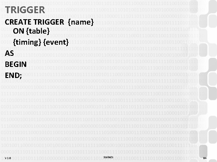 TRIGGER CREATE TRIGGER {name} ON {table} {timing} {event} AS BEGIN END; V 1. 0