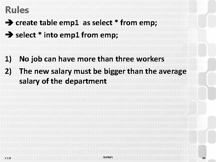 Rules create table emp 1 as select * from emp; select * into emp