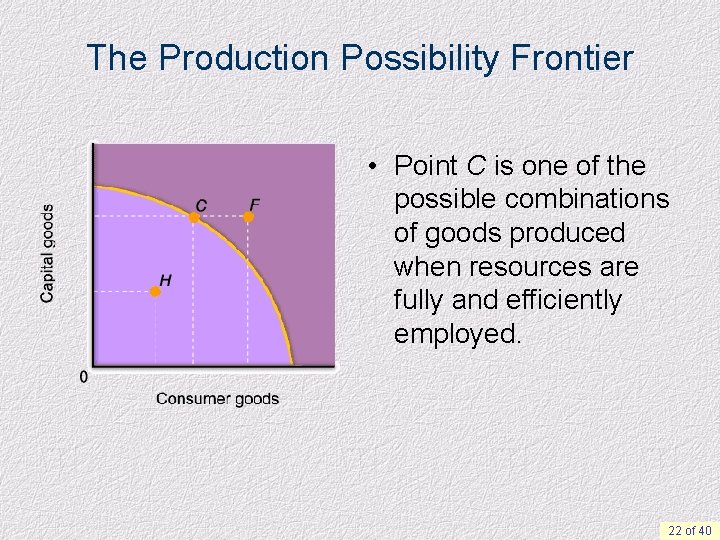 The Production Possibility Frontier • Point C is one of the possible combinations of